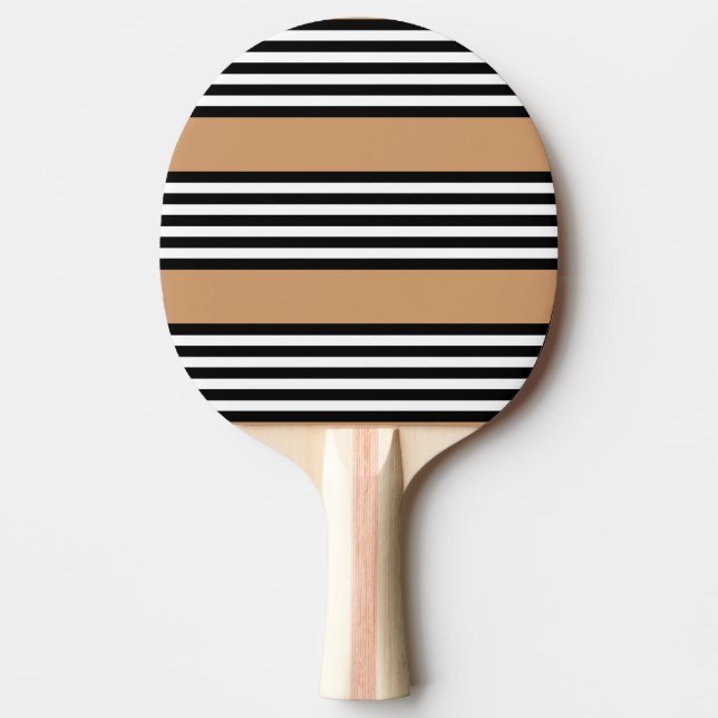 Black and white five stripe pattern with tan ping pong paddle (Front)