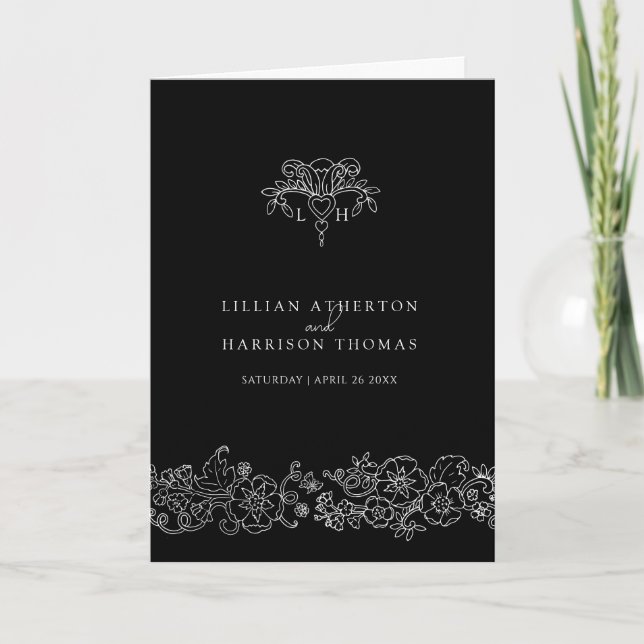 Black and white fleur de lis monogram art wedding programme (Front)