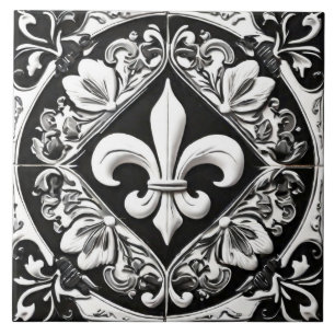 Black and White Fleur de Lis Tile