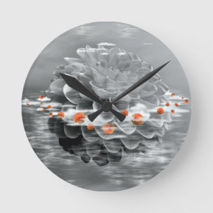 Black and White Floating Dahlia Round Clock