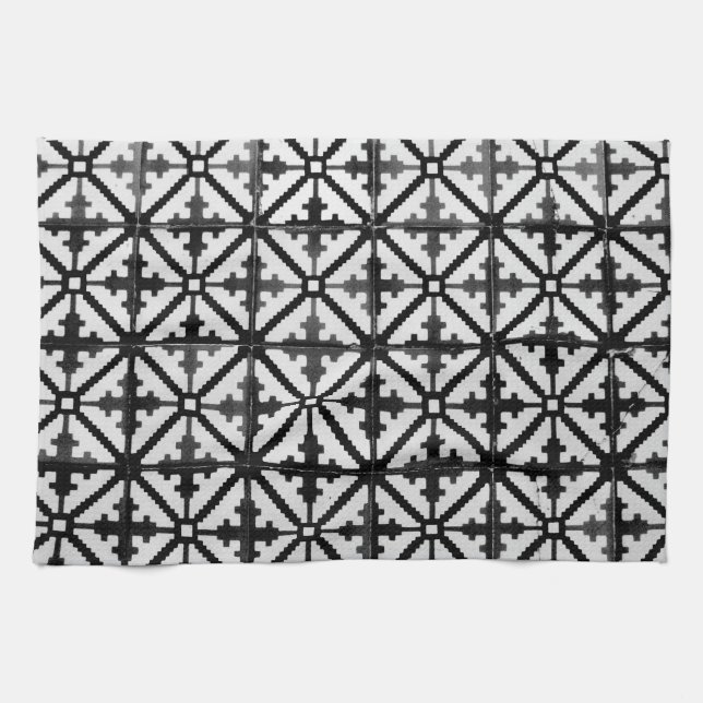Black and White Floor Tile Pattern Tea Towel (Horizontal)