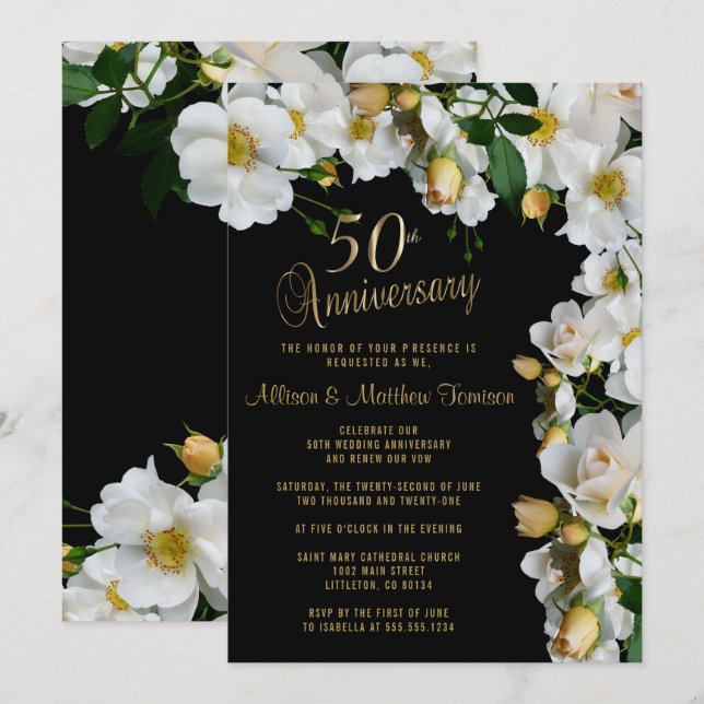 Black and White Floral 50th Anniversary Invitation (Front/Back)