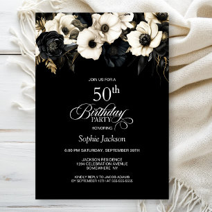 Black and White Floral 50th Birthday Party Invitation