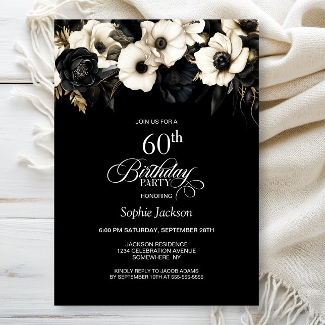 Black and White Floral 60th Birthday Party Invitation (Creator Uploaded)