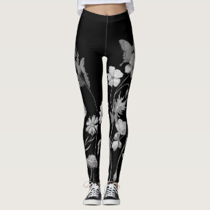 Black and white floral and butterfly leggings