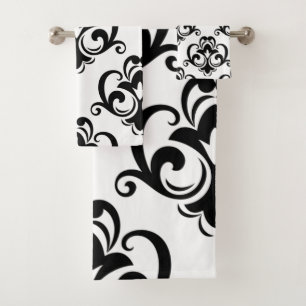 Black and White Floral Arabesque  Bath Towel Set