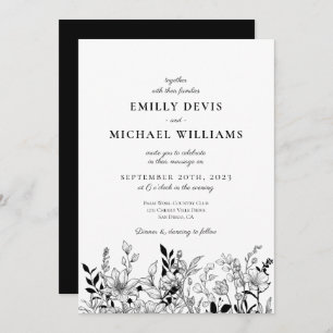 Black and White Floral Art Wedding Invitation