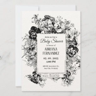black and white floral artistic Baby Shower Invitation