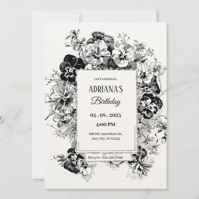 black and white floral artistic birthday invitation (Front)