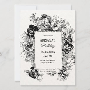 black and white floral artistic birthday invitation