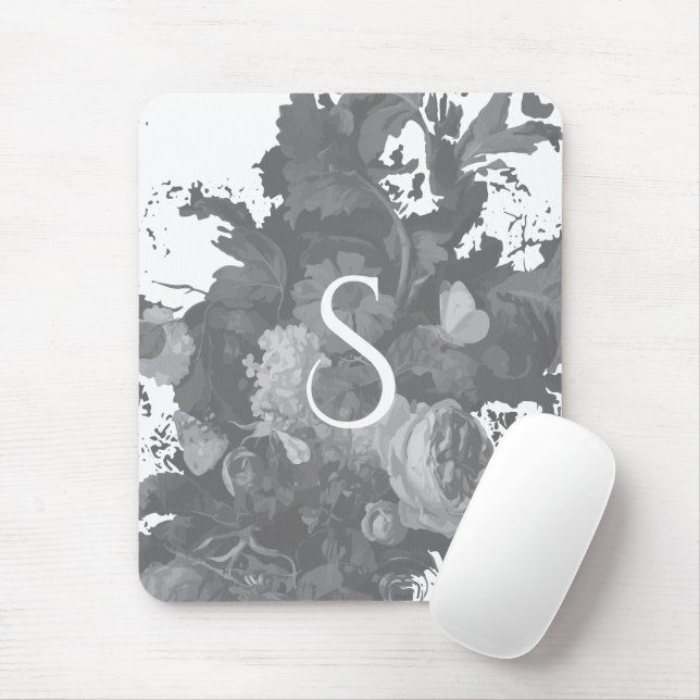 Black and White Floral Artistic Personalised Gift Mouse Mat (With Mouse)