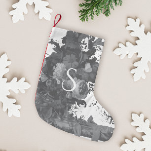 Black and White Floral Artistic Personalised Small Christmas Stocking