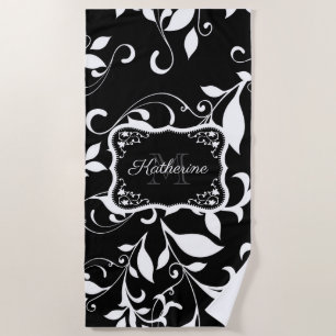 Black and White Floral Beach Towel