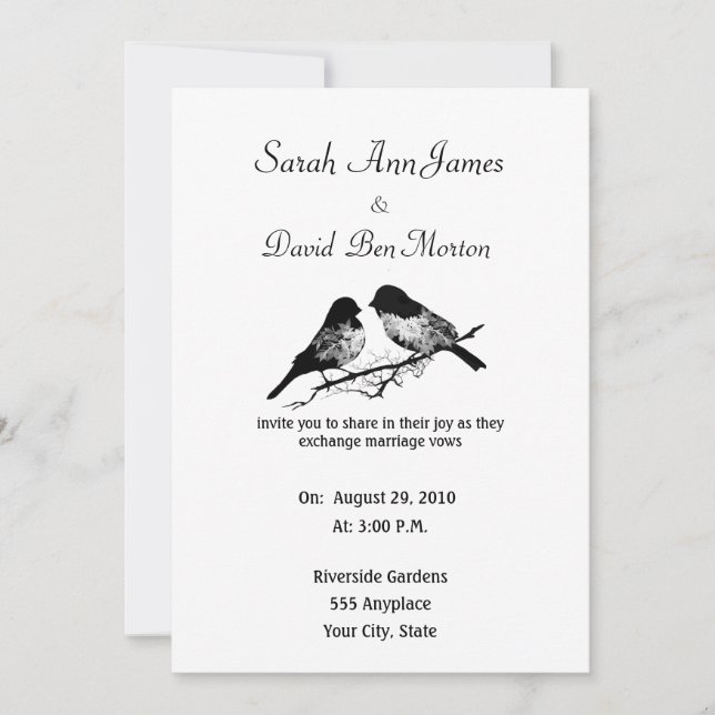 Black and White Floral Bird Nature Wedding Invitation (Front)
