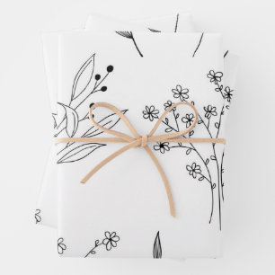 Black and White Floral Boho Wedding Wrapping Paper Sheet