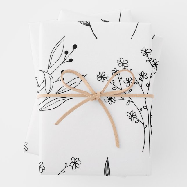 Black and White Floral Boho Wedding Wrapping Paper Sheet (In situ)