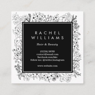 Black and white floral border square business card
