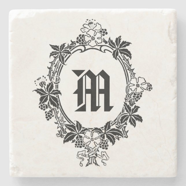 Black and White Floral Border with Monogram Stone Coaster (Front)