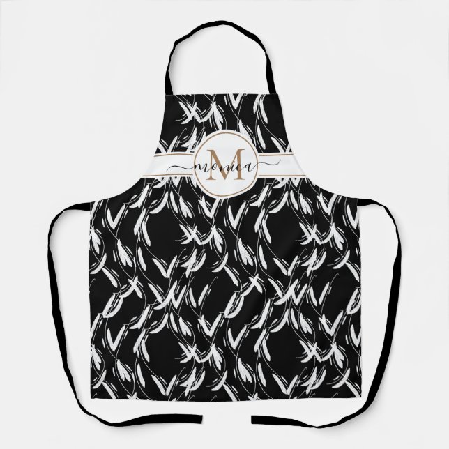 Black and White Floral Botanical Gold Monogrammed Apron (Front)