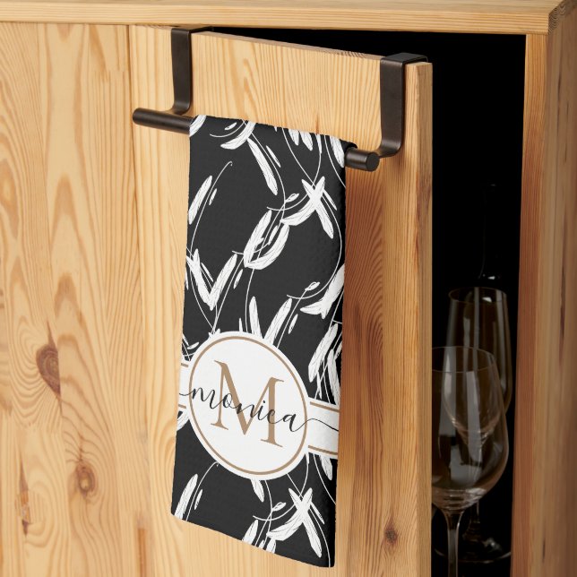 Black and White Floral Botanical Gold Monogrammed Tea Towel (Thirds Fold)