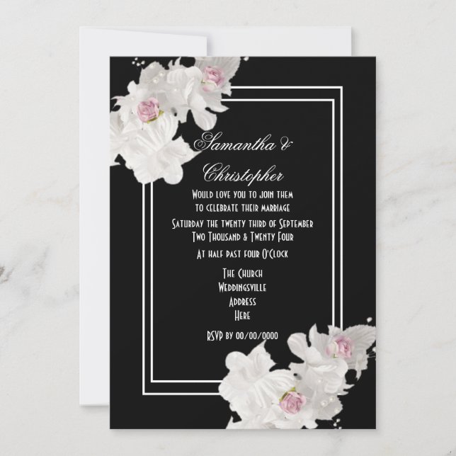Black and white floral bouquet modern wedding invitation (Front)