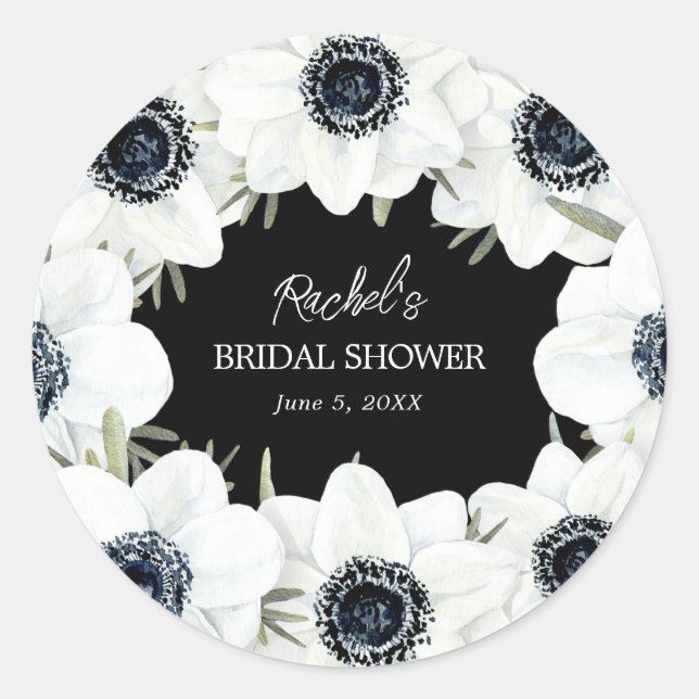 Black and White Floral Bridal Shower Classic Round Sticker (Front)