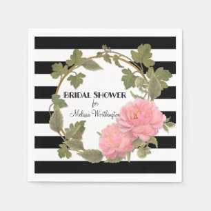 Black and White Floral Bridal Shower Pink Peony Napkin