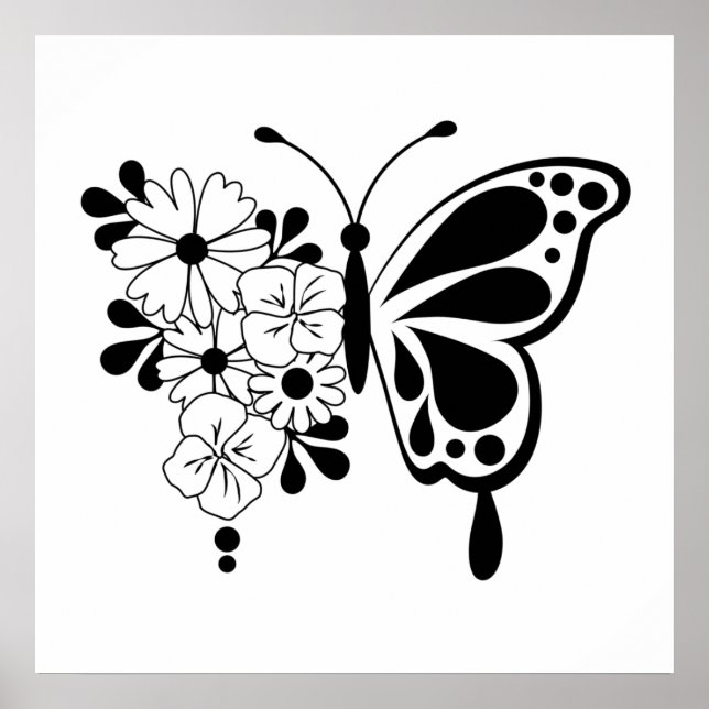 Black and White Floral Butterfly Poster (Front)