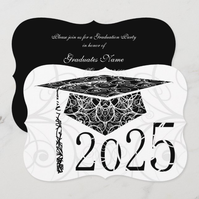 Black and White Floral Cap 2025 Graduation Party Invitation (Front/Back)