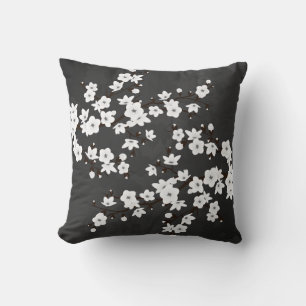 Black And White Floral Cherry Blossoms  Cushion