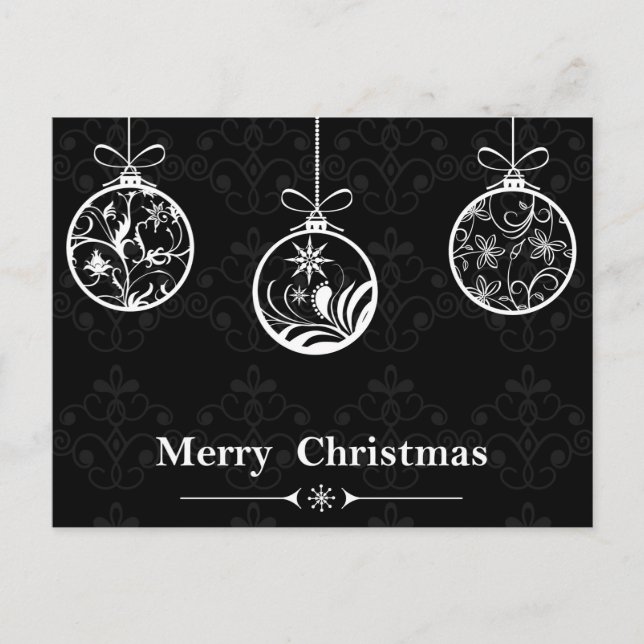 Black And White Floral Christmas Ornaments Holiday Postcard (Front)