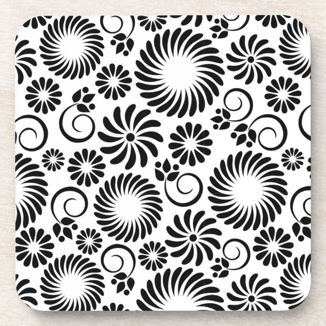 black and white floral Cork Coaster (Front)