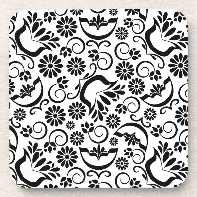 black and white floral Cork Coaster (Front)
