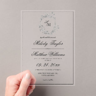 Black and White Floral Crest Calligraphy Wedding Acrylic Invitations