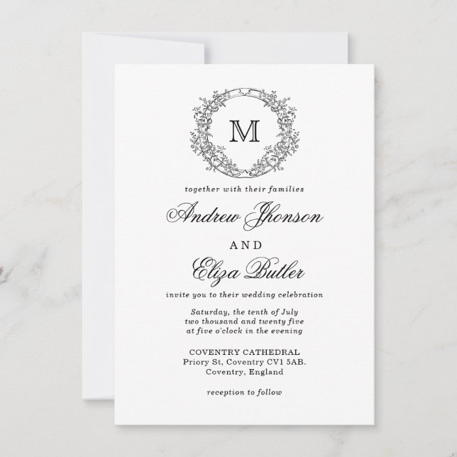 Black and White Floral Crest Monogram Wedding Invitation (Front)