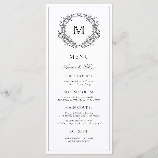 Black and White Floral Crest Monogram Wedding Menu (Front)