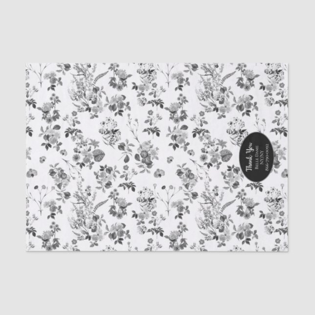 Black and White Floral Custom Busines Tissue Paper (Front)