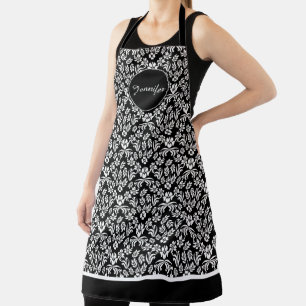 Black and White Floral Damask Custom Apron