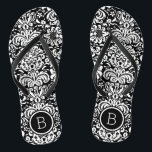 Black and White Floral Damask Monogram Flip Flops<br><div class="desc">Custom printed flip flop sandals with a stylish elegant floral damask pattern and your custom monogram or other text in a circle frame. Click Customise It to change text fonts and colours or add your own images to create a unique one of a kind design!</div>