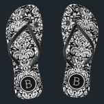 Black and White Floral Damask Monogram Flip Flops<br><div class="desc">Custom printed flip flop sandals with a stylish elegant floral damask pattern and your custom monogram or other text in a circle frame. Click Customise It to change text fonts and colours or add your own images to create a unique one of a kind design!</div>