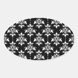 Black and White Floral Damask Pattern Oval Sticker