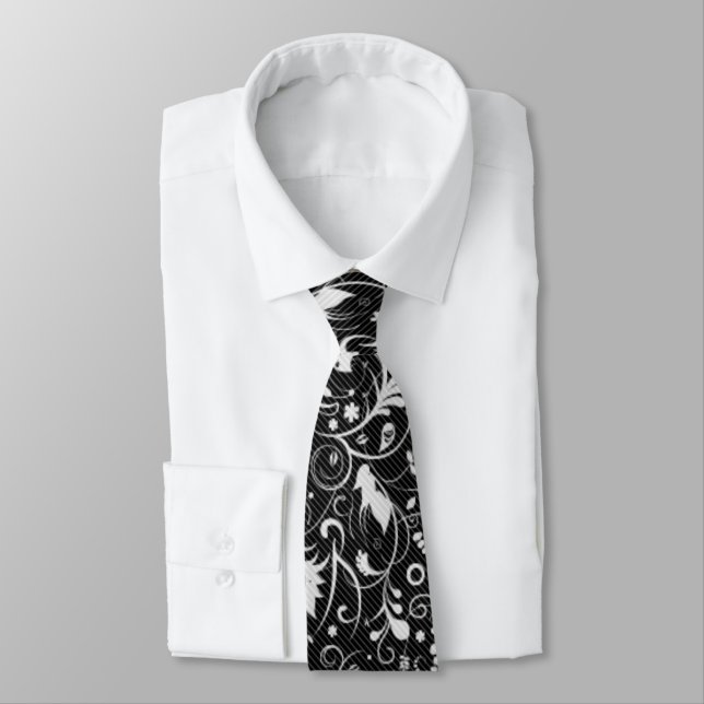 Black and White Floral Damask Pattern Tie (Tied)