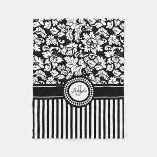 Black And White Floral Damask & Stripes-Monogram Fleece Blanket