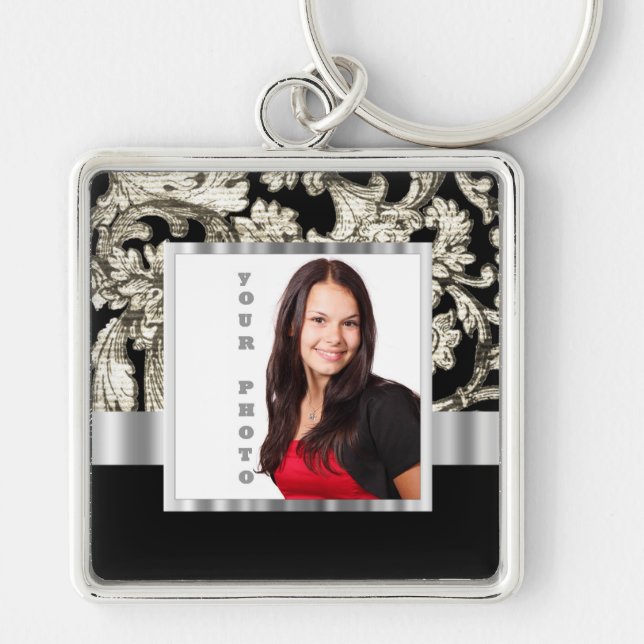 Black and white floral damask template key ring (Front)