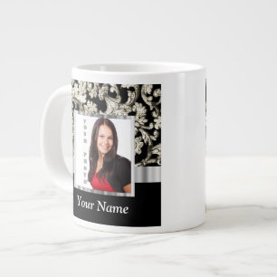 Black and white floral damask template large coffee mug