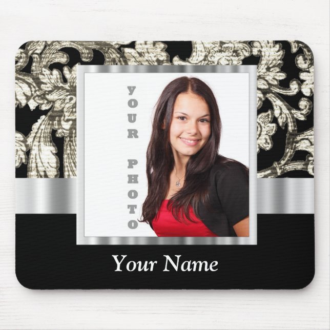 Black and white floral damask template mouse mat (Front)