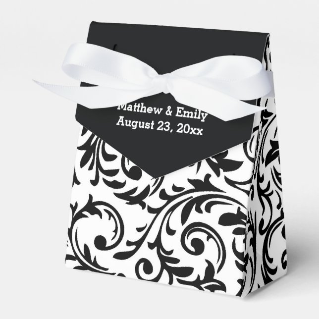 Black and White Floral Damask Wedding Favour Boxes (Front Side)