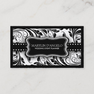 Black and White Floral Damask Wedding Planner Business Card