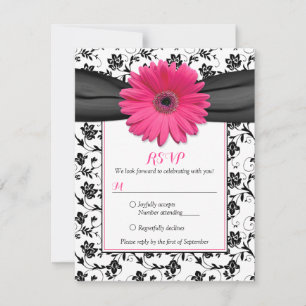Black and White Floral Damask Wedding Reply Card
