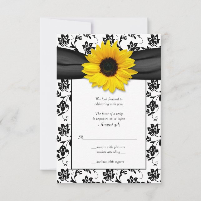 Black and White Floral Damask Wedding Reply Card (Front)